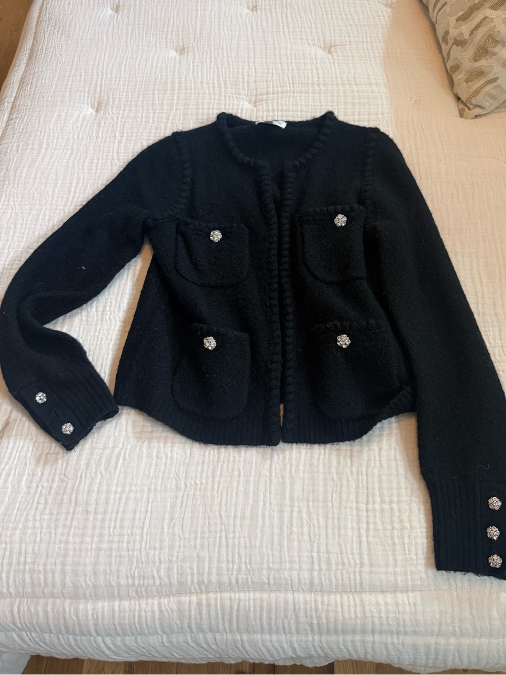 J. Crew Black Knit Cardigan with Crystal Buttons